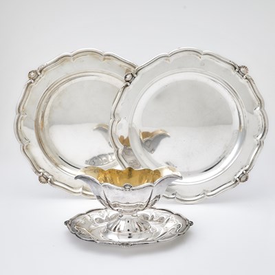 Lot 203 - Pair of German Silver Second Course Dishes and a Sauceboat on Stand