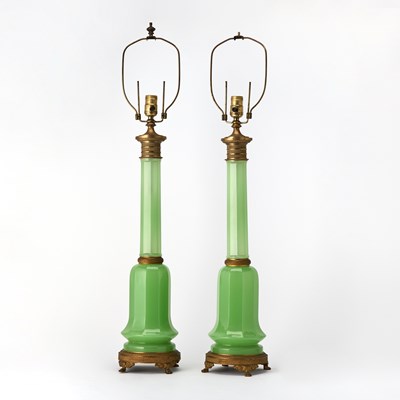 Lot 236 - Pair of Bronze Mounted Green Opaline Glass Lamps