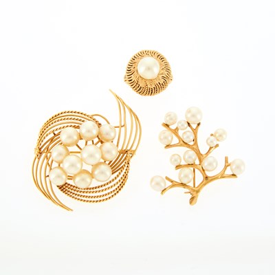 Lot 1134 - Gold and Cultured Pearl Ring and Two Brooches