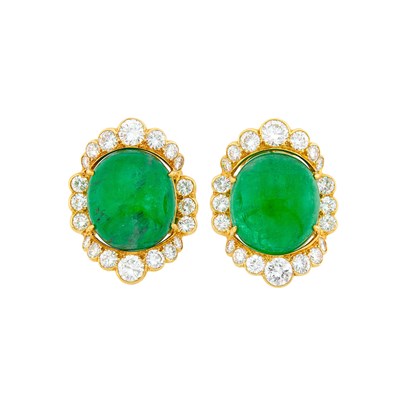 Lot 142 - David Webb Pair of Gold, Platinum, Cabochon Emerald and Diamond Earclips