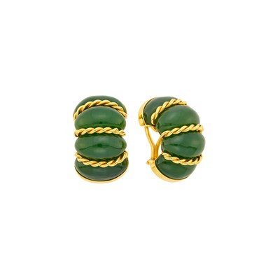 Lot 1151 - Seaman Schepps Pair of Gold and Nephrite 'Shrimp' Earclips