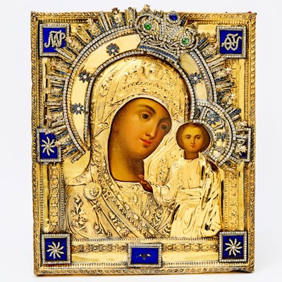Lot 73 - Russian Paste-Set Silver-Gilt Icon of the Mother of God of Kazan