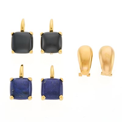 Lot 1165 - Three Pairs of Gold, Lapis and Black Onyx Pendant-Earrings