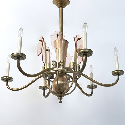 Lot 208 - Art Deco Metal and Silvered Wood Six-Light Chandelier