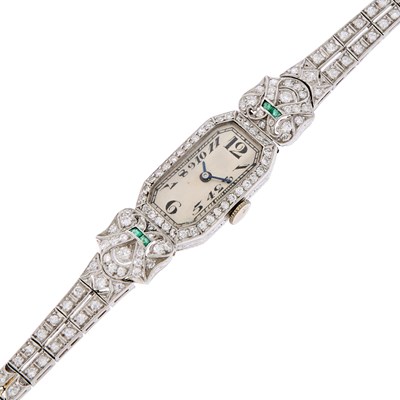Lot 1135 - Lady's Platinum, Diamond and Emerald Wristwatch