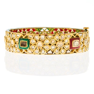 Lot 1214 - Indian Gold, Jaipur Enamel and Foil-Backed Diamond Bangle Bracelet