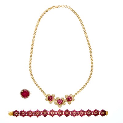 Lot 1090 - Gold, Ruby and Diamond Necklace, Bracelet and Ring