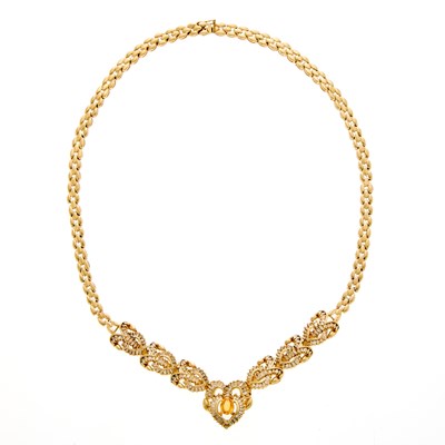 Lot 1222 - Gold, Orange Sapphire and Diamond Necklace