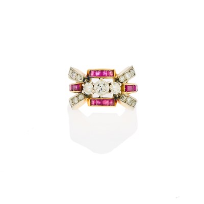 Lot 1067 - Retro Two-Color Gold, Ruby and Diamond Ring