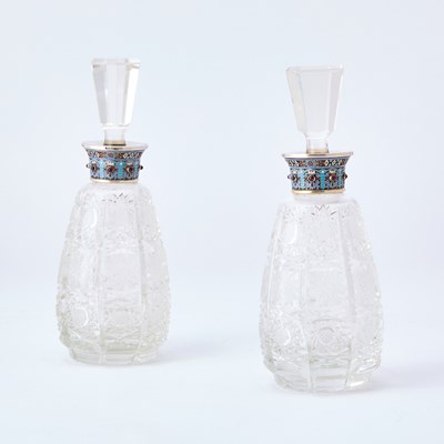 Lot 223 - Pair of Russian Style Cloisonné Enamel and Silver Mounted Cut Glass Stoppered Bottles