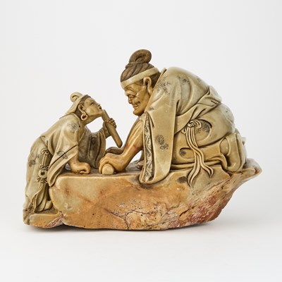 Lot 119 - A Chinese Soapstone Carving of Two Seated Figures on a Rock