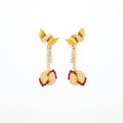 Lot 1089 - Jose Hess Pair of Gold, Diamond and Ruby Bow Pendant-Earrings