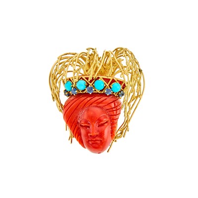 Lot 1077 - Gold, Carved Coral, Turquoise and Sapphire Clip-Brooch