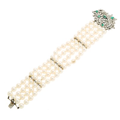 Lot 1106 - Multistrand Cultured Pearl, Platinum, Diamond and Emerald Bracelet