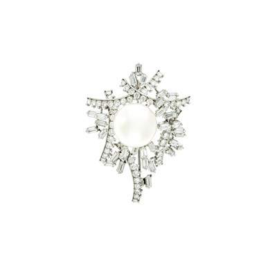 Lot 1107 - White Gold, South Sea Cultured Pearl and Diamond Brooch