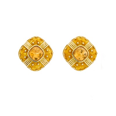 Lot 1091 - Pair of Gold, Yellow Enamel and Citrine Earrings
