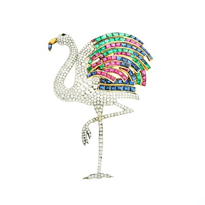 Lot 1116 - Gold, Palladium, Diamond and Gem-Set Flamingo Brooch