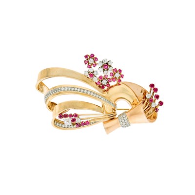 Lot 1068 - Retro Tricolor Gold, Ruby and Diamond Brooch