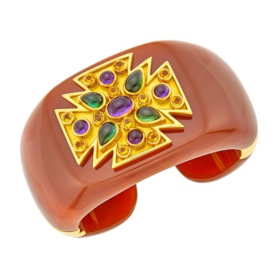 Lot Verdura Carnelian, Gold and Colored Stone Maltese Cross Cuff Bangle Bracelet