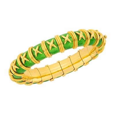 Lot 94 - Tiffany & Co., Schlumberger Gold and Paillonné Lime Green Enamel 'Croisillon' Bangle Bracelet, France