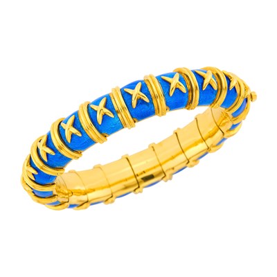 Lot 49 - Tiffany & Co., Schlumberger Gold and Paillonné Blue Enamel 'Croisillon' Bangle Bracelet, France