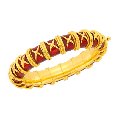 Lot 19 - Tiffany & Co., Schlumberger Gold and Paillonné Red Enamel 'Croisillon' Bangle Bracelet, France