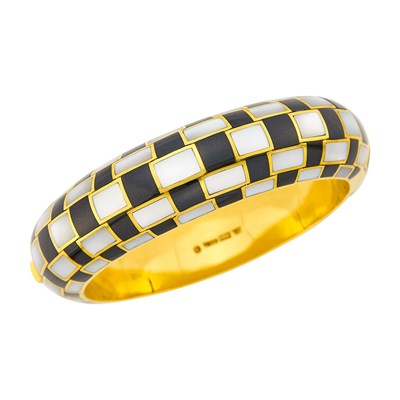Lot 4 - Tiffany & Co. Gold, Mother-of-Pearl and Black Jade Checkerboard Bangle Bracelet