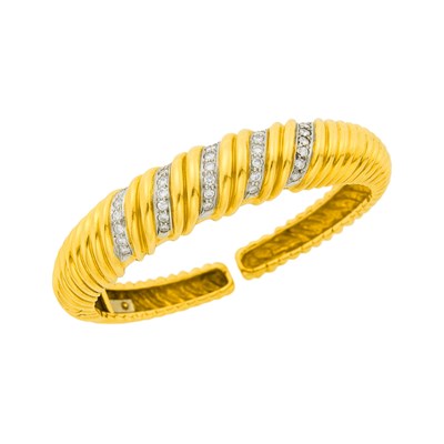 Lot 1018 - Two-Color Gold and Diamond Cuff Bangle Bracelet