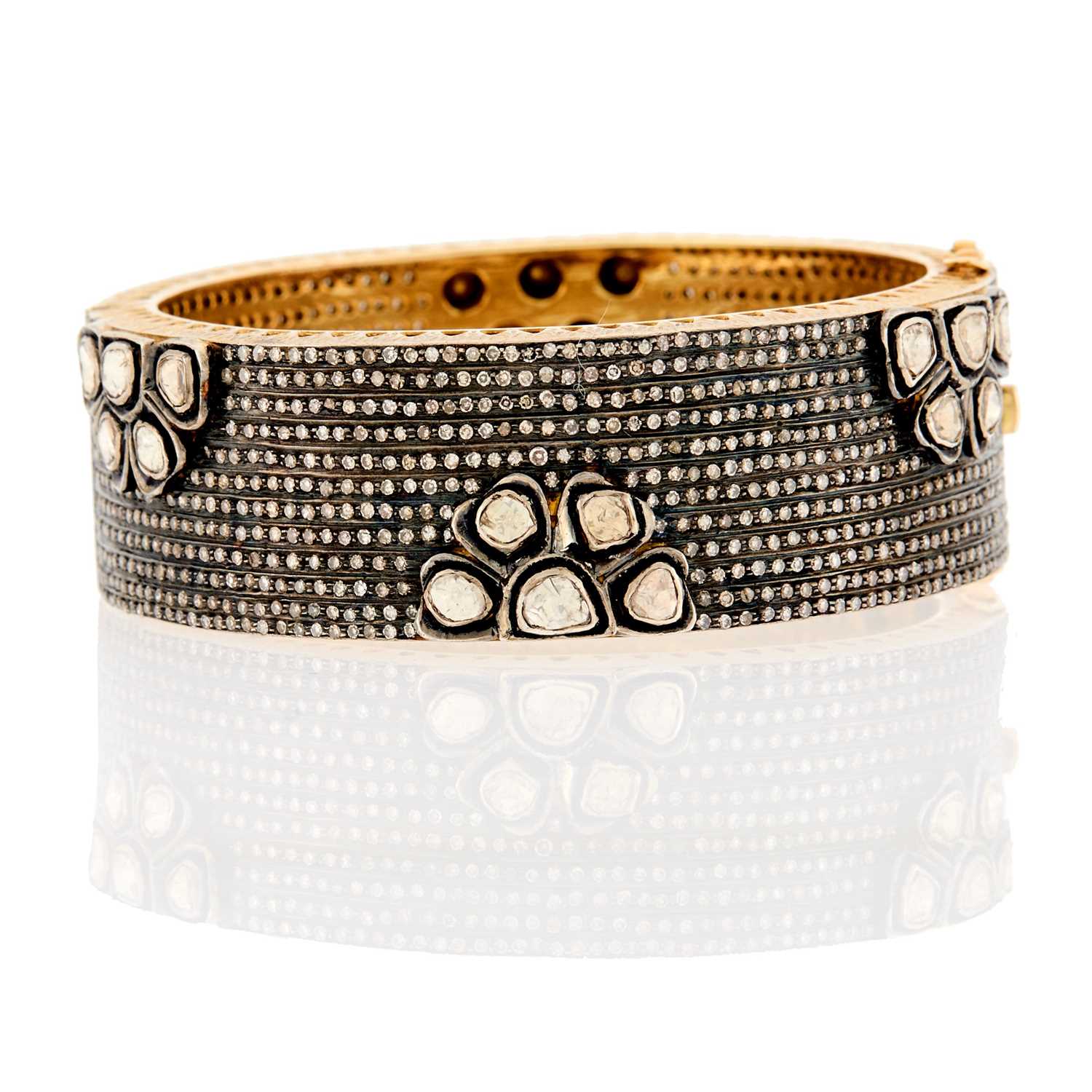 Lot 2234 - Wide Silver, Gold and Diamond Bangle Bracelet