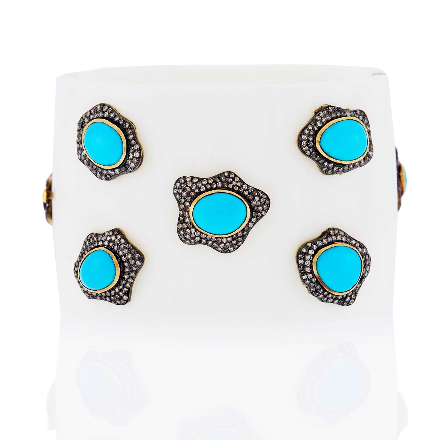 Lot 2236 - Wide Silver, Gold, Acrylic, Reconstituted Turquoise and Colored Diamond Cuff Bangle Bracelet
