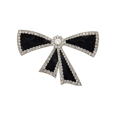 Lot 1070 - Belle Époque Platinum, Diamond and Black Velvet Bow Brooch