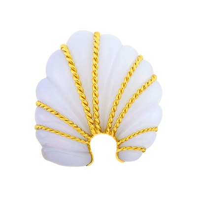 Lot 100 - Seaman Schepps Gold and Carved Blue Chalcedony Shell Clip-Brooch