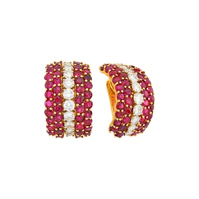 Lot 156 - Van Cleef & Arpels Pair of Gold, Ruby and Diamond Bombé Half-Hoop Earclips