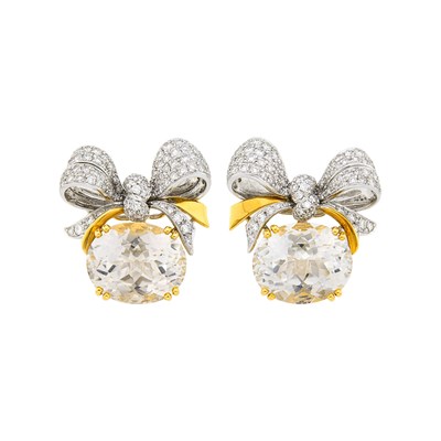 Lot Verdura Pair of Two-Color Gold, White Topaz and Diamond 'Bow Knot' Earclips