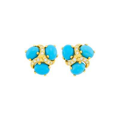 Lot 132 - Verdura Pair of Gold, Turquoise and Diamond 'Three Stone' Earclips