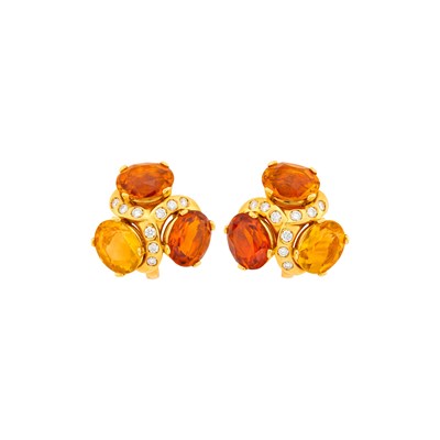 Lot 112 - Verdura Pair of Gold, Multicolored Citrine and Diamond 'Three Stone' Earclips