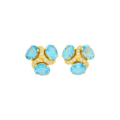 Lot 111 - Verdura Pair of Gold, Blue Topaz and Diamond 'Three Stone' Earclips