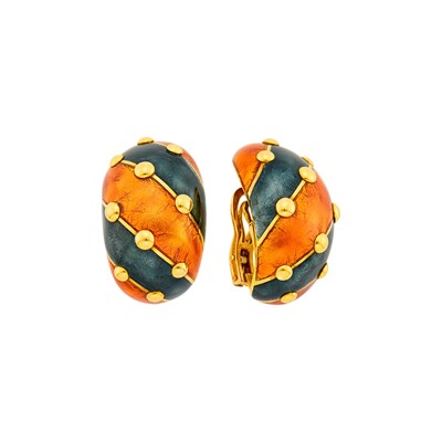 Lot 25 - Tiffany & Co., Schlumberger Pair of Gold, Paillonné Orange and Green Enamel 'Banana' Earclips, France