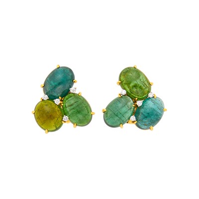 Lot 1024 - Verdura Pair of Gold, Multicolored Cabochon Tourmaline and Diamond Earclips