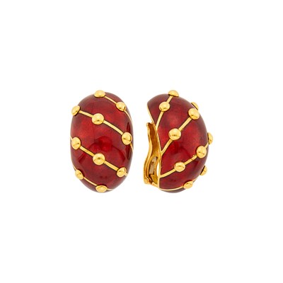 Lot 20 - Tiffany & Co., Schlumberger Pair of Gold and Red Paillonné Enamel 'Banana' Earclips, France