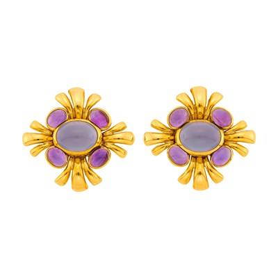 Lot 67 - Verdura Pair of Gold, Blue Chalcedony and Cabochon Amethyst 'Cabana' Earclips