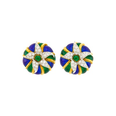 Lot 50 - Tiffany & Co., Schlumberger Pair of Gold, Platinum, Blue and Green Enamel and Diamond Earclips