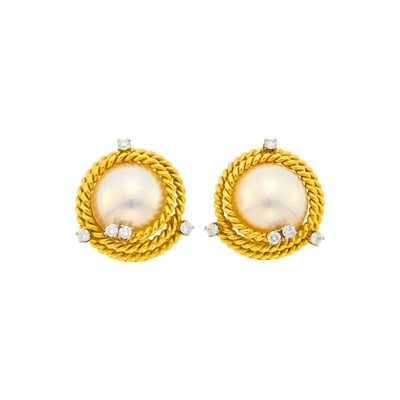 Lot 1148 - Tiffany & Co., Schlumberger Pair of Gold, Platinum, Mabé Pearl and Diamond 'Rope' Earclips