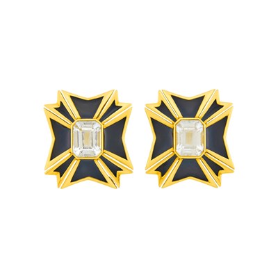 Lot 2 - Verdura Pair of Gold, White Topaz and Black Enamel 'Maltese Cross' Earclips