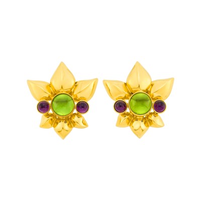 Lot 105 - Verdura Pair of Gold, Cabochon Peridot and Amethyst Earclips