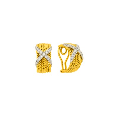 Lot 1141 - Tiffany & Co., Schlumberger Pair of Gold, Platinum and Diamond 'Rope Six Row X' Earclips