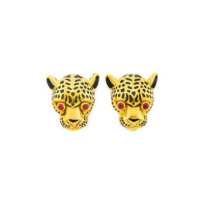 Lot 41 - David Webb Pair of Gold, Black Enamel and Ruby Panther Head Earclips