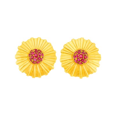 Lot 1156 - Verdura Pair of Gold and Ruby Earclips