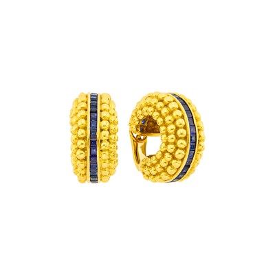 Lot 35 - Verdura Pair of Gold and Sapphire 'Boulle' Hoop Earclips