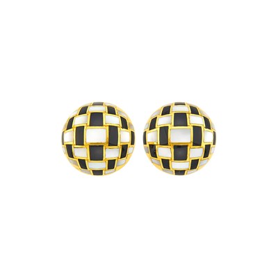 Lot 3 - Tiffany & Co. Pair of Gold, Black Jade and Mother-of-Pearl Checkerboard Earclips